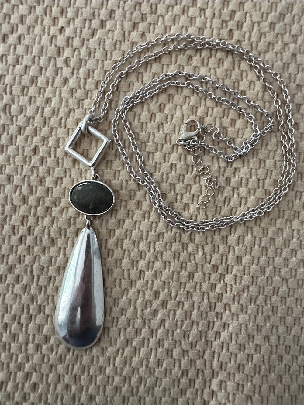 Silver Teardrop Pendant Necklace with Black Accent